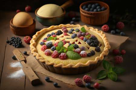 traditional german dessert tyrolean pie surrounded by fresh berries, created with generative aiの素材