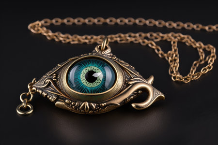evil eye necklace, with the evil eye charm and chain dangling, created with generative aiの素材