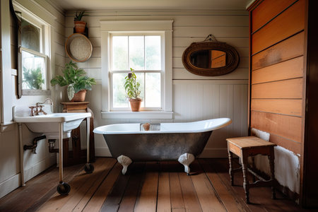 bathroom, with vintage sink and clawfoot tub, in rustic farmhouse, created with generative aiの素材