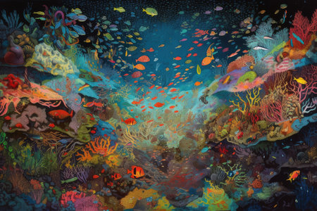trippy underwater scene with schools of fish, coral reefs, and colorful marine life, created with generative aiの素材