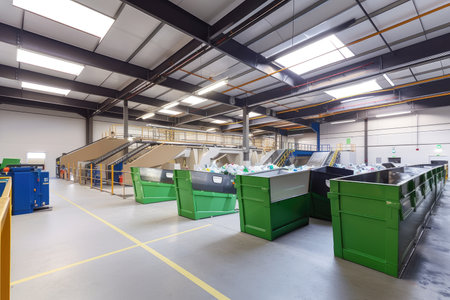 recycling center, with bins for paper, plastic, metal and glass materials, created with generative aiの素材