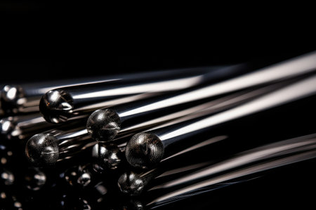 close-up of metal drumsticks, with a black background, created with generative aiの素材