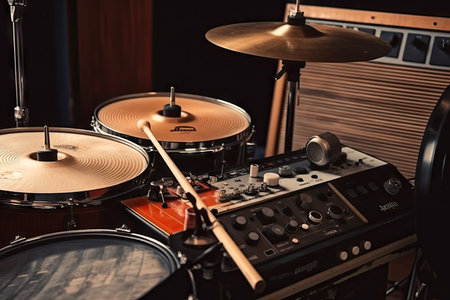 electronic drumsticks, drums and mix-tape player in vintage recording studio, created with generative aiの素材