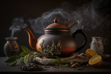 teapot with steam rising from the hot water inside, created with generative aiの素材