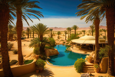 oasis with pool, surrounded by palm trees and desert in the background, created with generative aiの素材