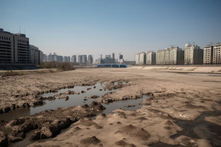drought-stricken city, with dried up river and empty reservoirs, created with generative aiの素材
