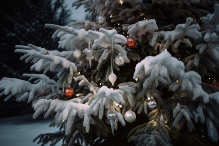 a traditional, decorated christmas tree in a winter scene with snow and icicles, created with generative aiの素材