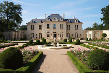 french country house exterior with view of the garden and fountain, the manicured lawns and rose gardens visible, created with generative aiの素材