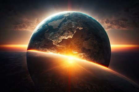 a dramatic sunrise over a globe, with rays of light illuminating the continents., created with generative aiの素材