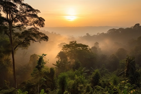 smoky jungle, with view of sunrise over the trees, on clear and sunny day, created with generative aiの素材