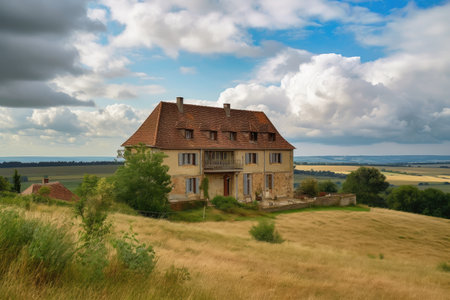french country house exterior, with view of rolling hills and clouds in the sky, created with generative aiの素材