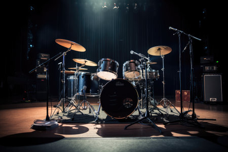 drumset on stage, ready for a performance, with the drummer in full view, created with generative aiの素材