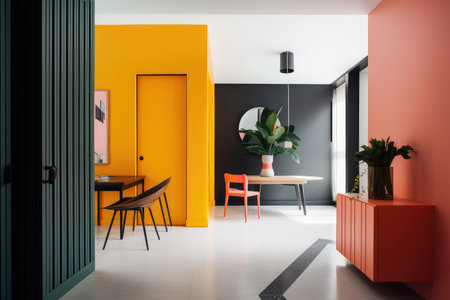 vibrant color palette used in minimalist interior design, with clean and modern furniture, created with generative aiの素材
