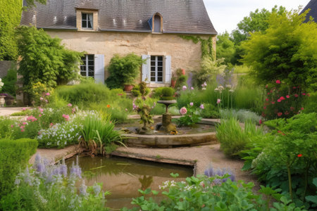 serene garden in french country house, with blooming flowers and fountains, created with generative aiの素材