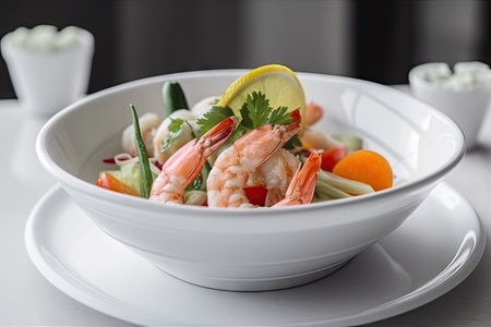 dish of tiger shrimp prawns and vegetables in white bowl, created with generative aiの素材