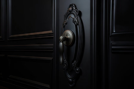 door handle on black door with keyhole and knocker in the middle, created with generative aiの素材