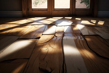 wooden floor with large natural cracks in sunlight, created with generative aiの素材