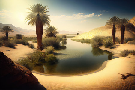 oasis with tranquil lagoon and palm trees, surrounded by endless desert, created with generative aiの素材