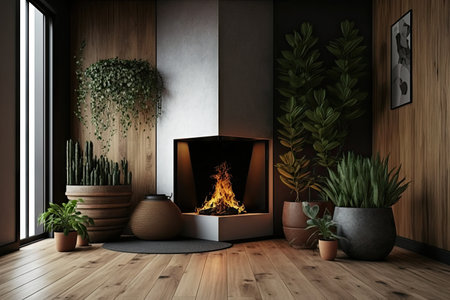 wooden floor modern interior design with beautiful fireplace and plants in pots, created with generative aiの素材