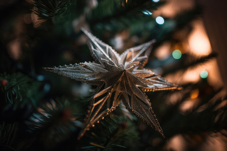 close-up of a fairy star on top of the christmas tree, created with generative aiの素材