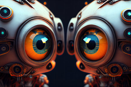 close-up of two robots eyes, staring each other down, created with generative aiの素材