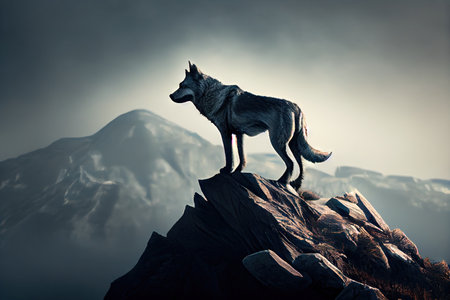 a lone wolf, surveying its domain from atop a mountain peak, created with generative aiの素材