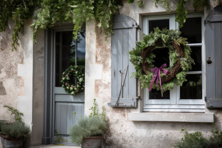twig wreath with fresh herbs and berries on french country house exterior, created with generative aiの素材