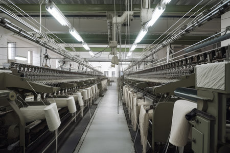 textile factory, with machines spinning and weaving fabric into diverse range of products, created with generative aiの素材