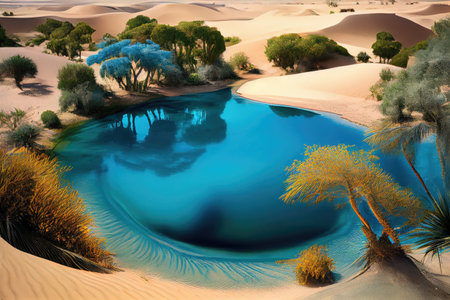 an oasis with clear blue water surrounded by sand dunes, created with generative aiの素材