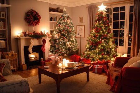 a cozy living room, with a beautiful christmas tree and wrapped presents, created with generative aiの素材