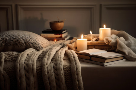 soft blankets, cushions and candles create cozy atmosphere for reading, created with generative aiの素材