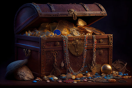 treasure chest overflowing with coins, jewelry, and gold, created with generative aiの素材