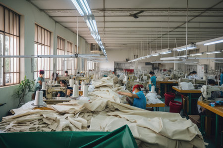 textile factory, with workers cutting, sewing, and packaging fabrics for shipment, created with generative aiの素材