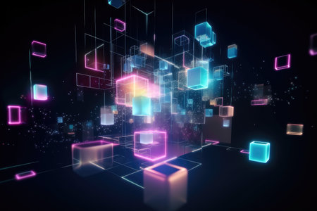 digital holographic background with abstract geometric shapes floating in the air, created with generative aiの素材