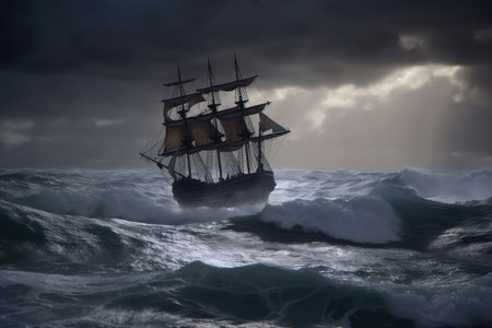 stormy sea with pirate ship, sails flapping in the wind, created with generative aiの素材