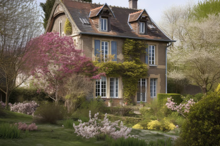 french country house, surrounded by blooming garden, in spring, created with generative aiの素材