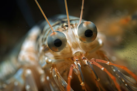 close-up of tiger shrimp prawns face with its claws and eyes in the foreground, created with generative aiの素材