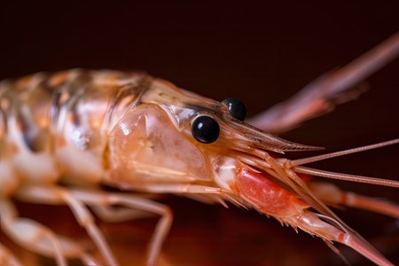 close-up of tiger shrimp prawn, the texture and color of its skin on display, created with generative aiの素材