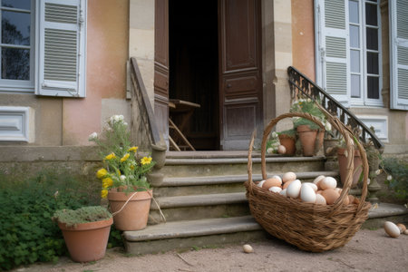 french country house with basket of fresh eggs on the front step, created with generative aiの素材