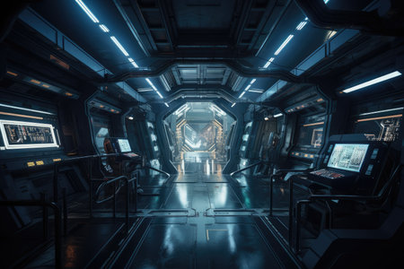 an interior view of a futuristic space station, with sleek design and advanced technology, created with generative aiの素材