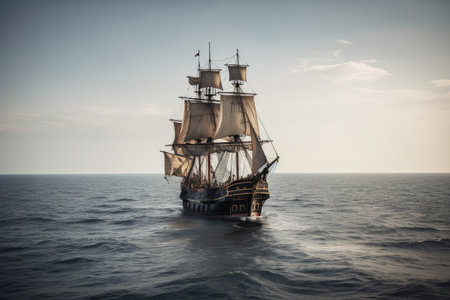 pirate ship, with sails full of wind, on open sea, created with generative aiの素材