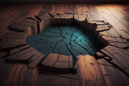 vintage wooden floor with large cracks in old hardwood floor, created with generative aiの素材