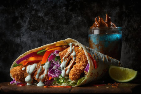 crispy chicken shawarma wrap with pickled veggies and sauce, created with generative aiの素材
