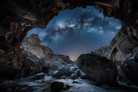 frozen cavern, with view of the stars and planets visible through its ceiling, created with generative aiの素材