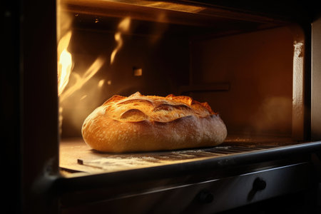 bread baking in oven, with golden crust and warm interior visible, created with generative aiの素材