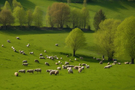 green pastures in the spring and summer, with a flock of sheep grazing, created with generative aiの素材