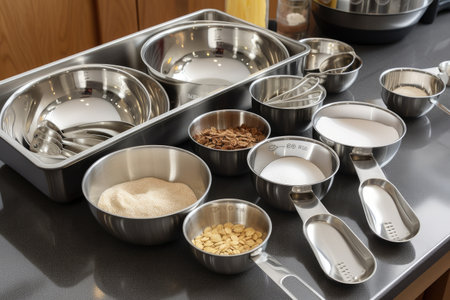 various types of measuring cups, spoons, and mixing bowls on a baking tray, created with generative aiの素材