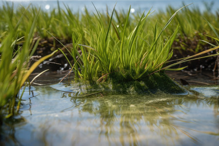 close-up of aquatic plants and seagrasses, with view of water surface in the background, created with generative aiの素材