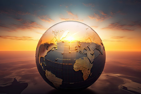 sunrise over the globe, showing countries and cities in different time zones, created with generative aiの素材