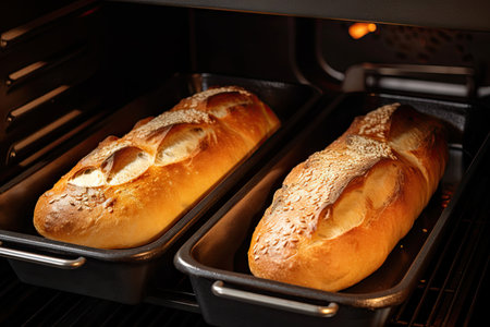 oven bake loaves of bread, with oven door open and heat escaping, created with generative aiの素材